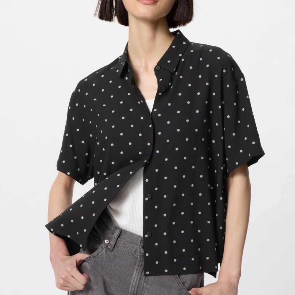 Uniqlo Black and White Polka Dot Rayon Blouse